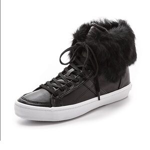 Rebecca Minkoff NEW Women's Black natural Fur-Trimmed High-Top Sneakers 7.5